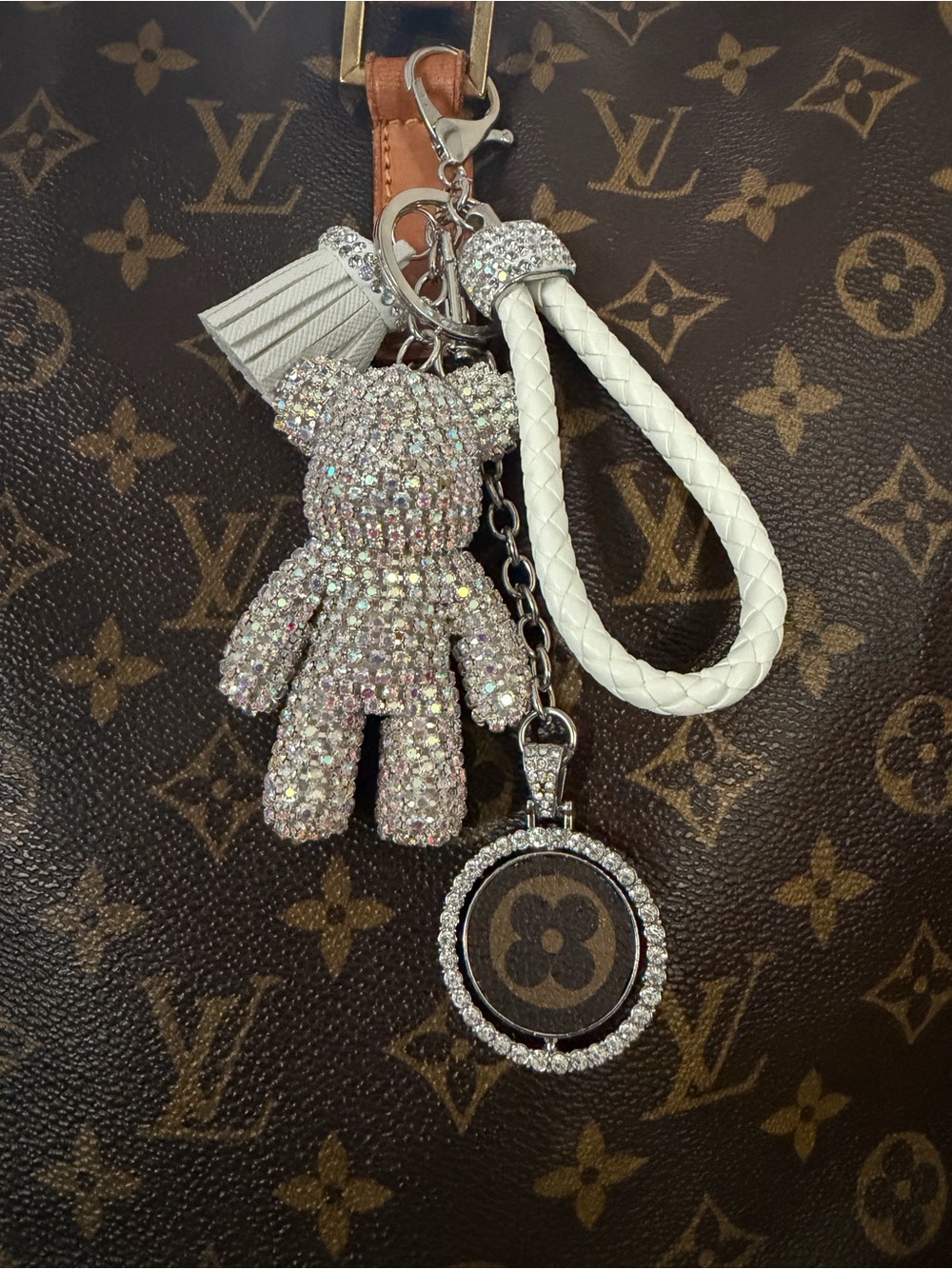 Crystal Teddy Charm Keyring with White Braided Strap